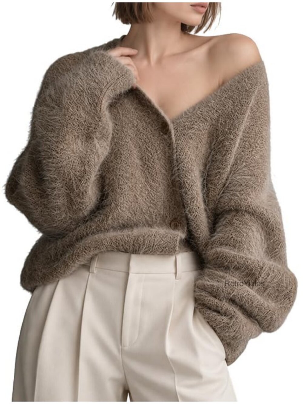 Fuzzy V-Neck Button Down Cardigan Oversized Fluffy Sweater
